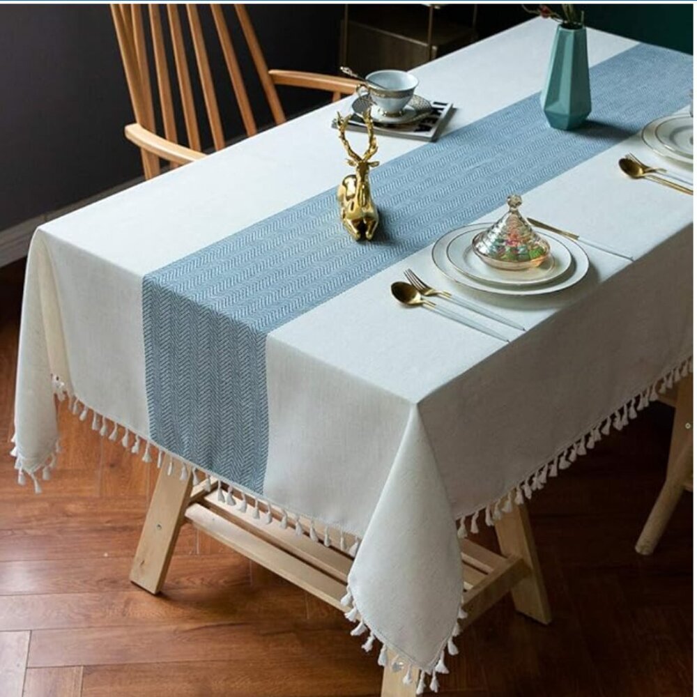 Cotton Linen Tablecloth Rectangle Tassle Kitchen Dining Outdoor 55''x86'' Blue